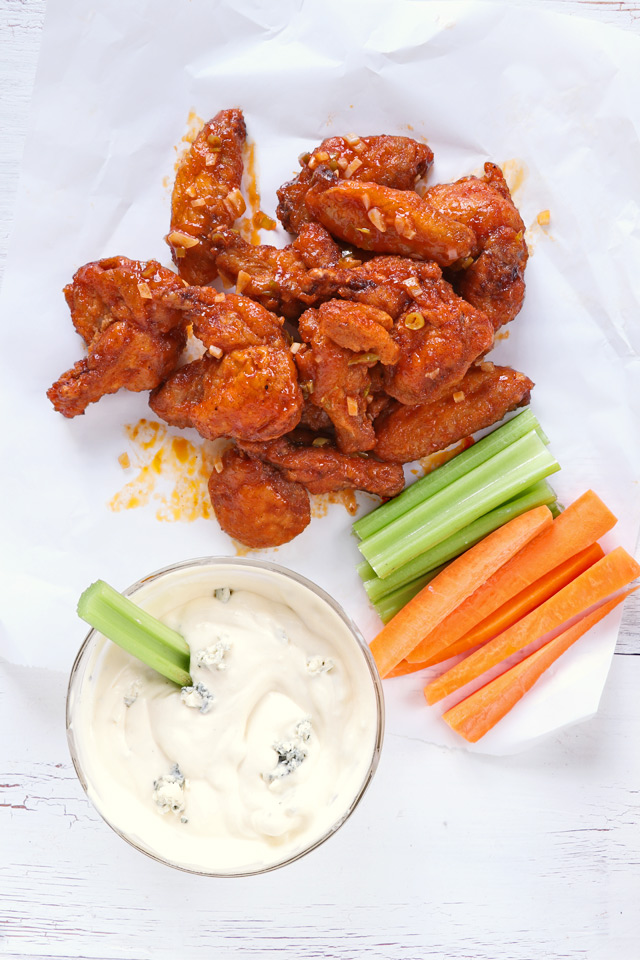 Wings, celery, carrots, and dip